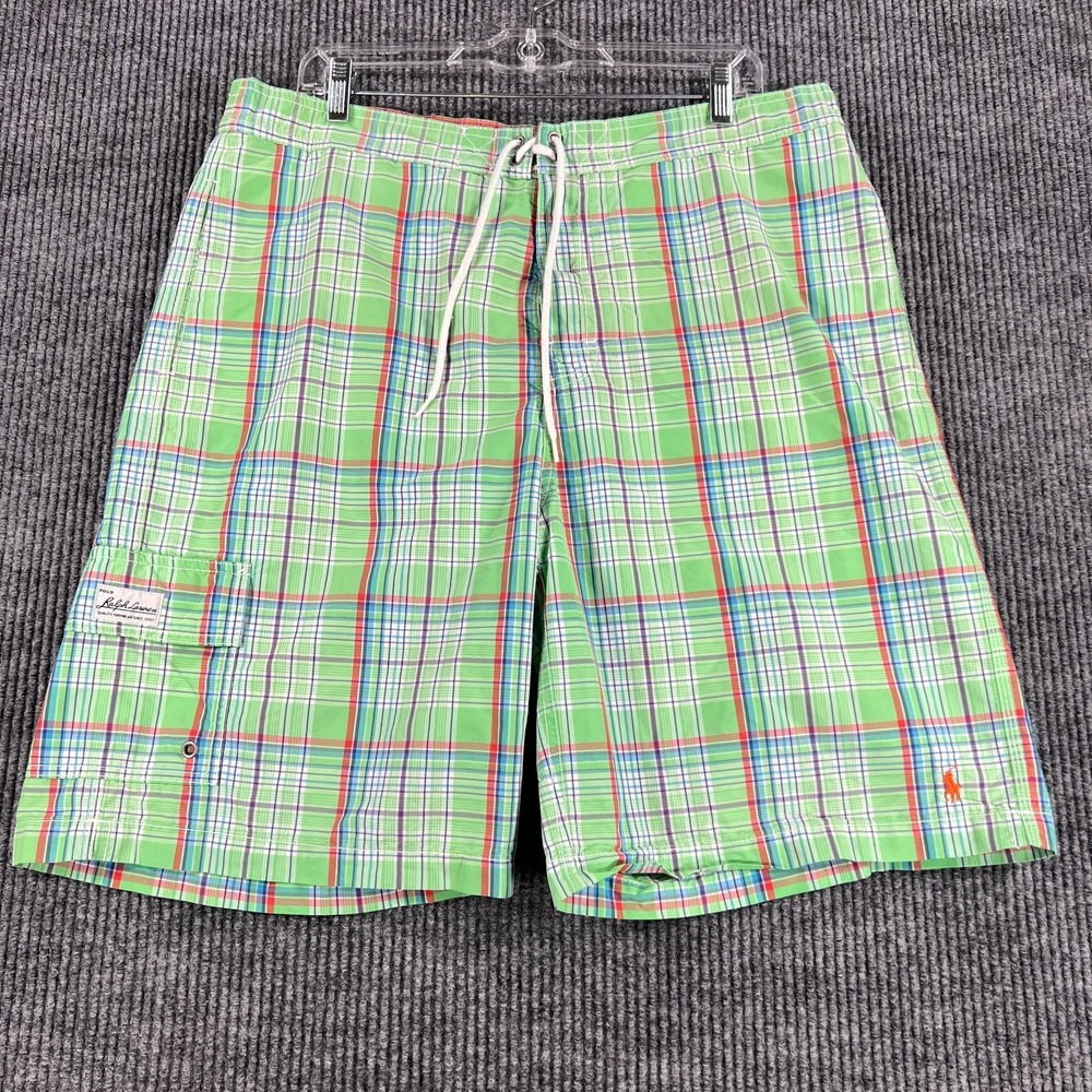 Polo Ralph Lauren Swim Trunks Mens Size Large Green Plaid Drawstrings Beach Pool